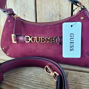 GUESS Suede Northlake Small Oxblood Tote With Crossbody Strap Handbag